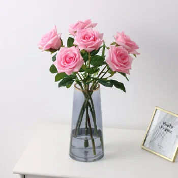 Latex Skutočný Dotyk Falošné Ruže, Kvety Nordic Jedálenský Stôl Domova, Ružové A Biele Hydratačné Umelé Ruže Svadobné Dekorácie