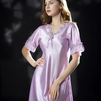 Ženské Satin Nightgown 2021 Lete Ženy Noc DresSilk Satin Sleepwear pyžamá Sexy Odev V Krku Noc Šaty M-XXL