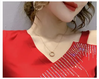 Letné kórejský Štýl Bavlna T-Shirt Dievčatá Elegantné Sexy Duté Z tvaru Lesklé Diamanty Ženy Topy Krátky Rukáv Tees 2021 T13115A