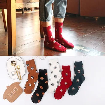 Mid Trubice Ponožky Udržať v Teple 1Pair Bavlna Priedušná Roztomilý Kreslený Psa Ženy Ponožky Japonskom Štýle