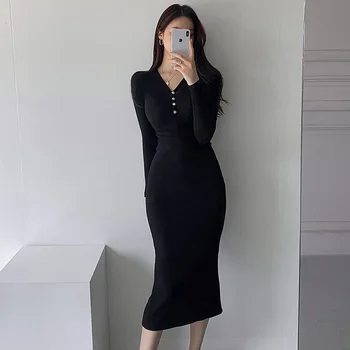 Čierne Sexy Zrastov Dlhé Šaty Žien Oblečenie Ročník Základných Bežné Bodycon Midi Šaty Gothic n Móda Jeseň