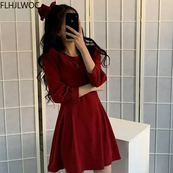 2021 Jar Nového Dátumu Dievčatá, Ženy Móda Roztomilé Sladké Slim Vybavené Riadok Pevné Strana Červená Japonský Štýl Kórea Elegantný Mini Šaty
