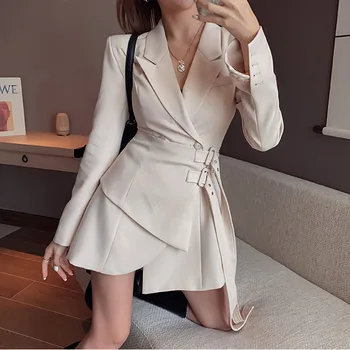 Sako Šaty Office Lady Mini Party Fashion Ženy Elegantné Vysoký Pás Ženské Šaty Kórejský Pás Dlhý Rukáv Pevné Oblečenie 2021