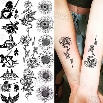 Nepremokavé Rose Dočasné Tetovanie Pre Ženy, Mužov Realistické Samuraj Štít Sun Flower Falošné Tetovanie Nálepky Predlaktie Telo Tatoos Zobraziť