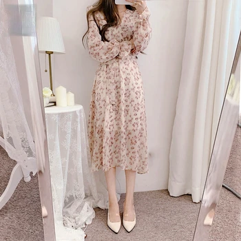 Vintage kórejský Šaty pre Ženy tvaru Šifón Kvetinový Vysoký Pás Čipky Elegantný Retro Sladké Dámy Midi Šaty Letné 2021