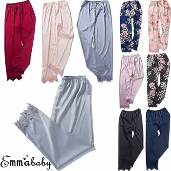 2019 Ženy Lady Hodváb Saténové Pyžamo Kvetinový Vytlačené Čipky Patchwork Nohavice Pyžamo Sleepwear Plavky Oblečenie Pre Voľný Čas
