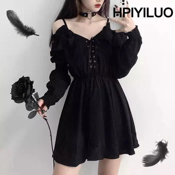 Ženy Šaty Plus Veľkosti 4XL Čipky Čierna Jeseň 2021 Sexy Vysoký Pás Femme Šaty Off Ramenný Dlhý Rukáv, Gotické Oblečenie