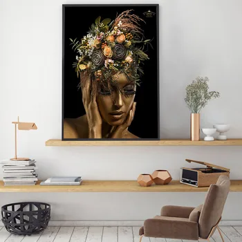Africké Umenie Čiernej a Zlatej Žena Hlava Kvet Kráľovná Maľovanie na Plátno Cuadros Plagát a Tlačí na Steny Umenie Obrázok pre Obývacia Izba