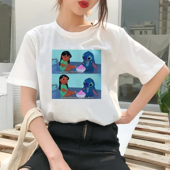 Disney Lilo a Stitch Ohanat T-shirts Ženy Bežné Biele Topy O-neck Tee Klasickej Animácie Populárne Ženské tričká Nadrozmerná