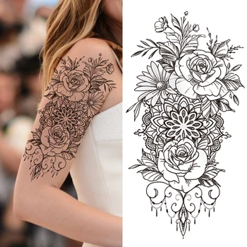 Móda Ruže, Pivónia Dočasné Tetovanie Pre Ženy, Dievčatá Falošné Moon Flower Tetovanie Nálepky Black Dream Catcher Pierko Tatoos Vložiť
