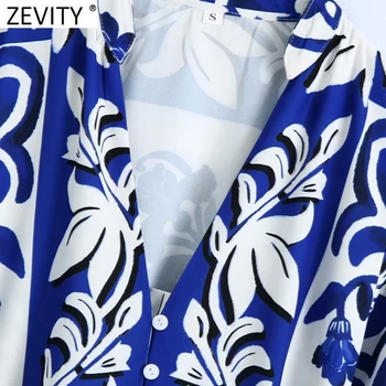 Zevity Ženy Vinobranie V Krku Modrá Totem Kvetinový Tlač Tričko Šaty Elegantné Ženy Singel svojim Krídla Bežné Mini Vestido DS8655