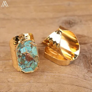 Prírodné Gold Line Turquoises Kamennej Doske Korálky Otvorené Prst Prstene, Šperky Pre Ženy Boho Zlata, Medi Nastaviteľné Vyhlásenie Krúžok