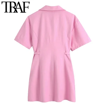 TRAF Ženy Móda Pás S Dvojitým Breasted Bielizeň Mini Šaty Vintage Krátky Rukáv Klapky Vrecká Ženské Šaty Mujer