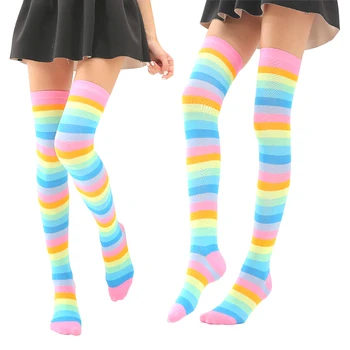 Rainbow Farebné Pruhované Ponožky Sladké Dievčatá Školy Strany Módne dámske Dlhé Ponožky, Teplé Bežné Stehna Vysoko Nad Kolená Ponožky