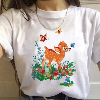 Bambi Kvetina Oblečenie Disney Móde Karikatúry Print T Shirt Ženy Lete Krátky Rukáv Topy Kawaii Estetické Bežné Tee Tričko Femme
