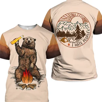 Pánske Bežné Camping T-shirt Pivo Ohňa Medveď Tlač Módne Topy