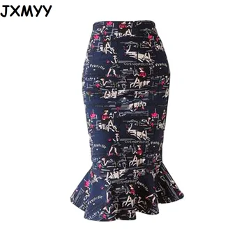 JXMYY S-5XL móda a rôznorodé tlač package hip sukne temperament všestranný mid-úsek dĺžka sukne fishtail sukne ženy