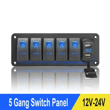 5 Gang Kolískový Spínač Panel 12V/24V Digitálne Napätie Displej Zásuvky Dual USB Port Kombinácia pre Auto RV Truck Morských Auto Časť