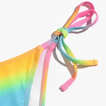 Dámske Sexy rainbow tie-Dye Čipky Obväz High Cut Nohu Tlač Bikini Set Dvoch Kus Plavky Visí na Krku Plávanie Oblek Biquini
