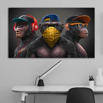 Legrační zviera gorila plátno na maľovanie hip-hop opice s okuliare headset umenie plagáty a obrázky na obývacia izba dekorácie
