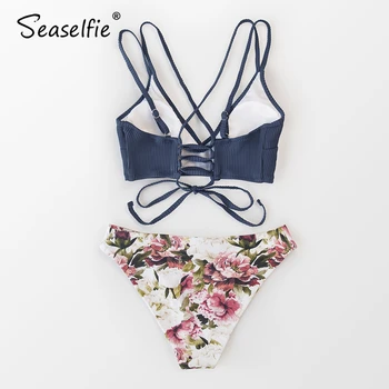 SEASELFIE 2021 Sexy Čipkou Low-pás Bikiny Nastaviť Plavky Ženy, Plavky, plavky Reverzibilné Modrá Sivá Plaviek Bikiny