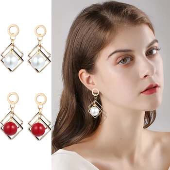 Nové Elegantné Ženy kórejský Geometrické Pearl Červené Korálky Náušnice Jednoduchá Multi-vrstvou Zlata Duté Diamond Náušnice 2021 Módne Šperky