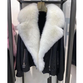 Prírodné Reálne Líška Srsť Srsť Pravé Ovčie Kože Vysokej Kvality 2021 Zimné Ženy Celú Pokožku Fox Kožuchy Kožená Bunda Outwear