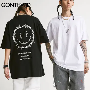 GONTHWID T-Shirts Hip Hop Reťazca Úsmev, Tvár Tlač Tričko Streetwear Harajuku Módne Bežné Bavlna Voľné Krátke Tričká Topy