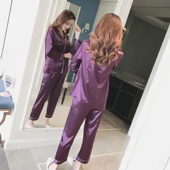 2021 Jarné dámske Pyžamo Nastaviť Luxus, Štýl Módne Hodváb Sleepwear Voľný čas Doma Oblečenie Odev