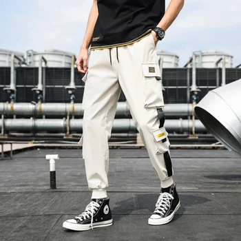 Pánske Bočné Vrecká Cargo Hárem Nohavice 2020 Pásky Black Hip Hop Bežné Mužské Joggers Nohavice Módne Bežné Streetwear Nohavice
