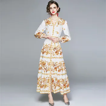 Dráhy Šaty 2020 Ženy Vysokej Kvality Dizajnér Lístkového Dlhý Rukáv Tričko Šaty Jeseň Kvetinový tlač Vintage Šaty Maxi Vestidos