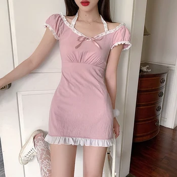 Čipky Výbava Ružové Šaty Žien Lete Tenké A-Line Mini Šaty na Sladké Dievča Kawaii Luk Dekorácie Čipky Popruhy Oblečenie